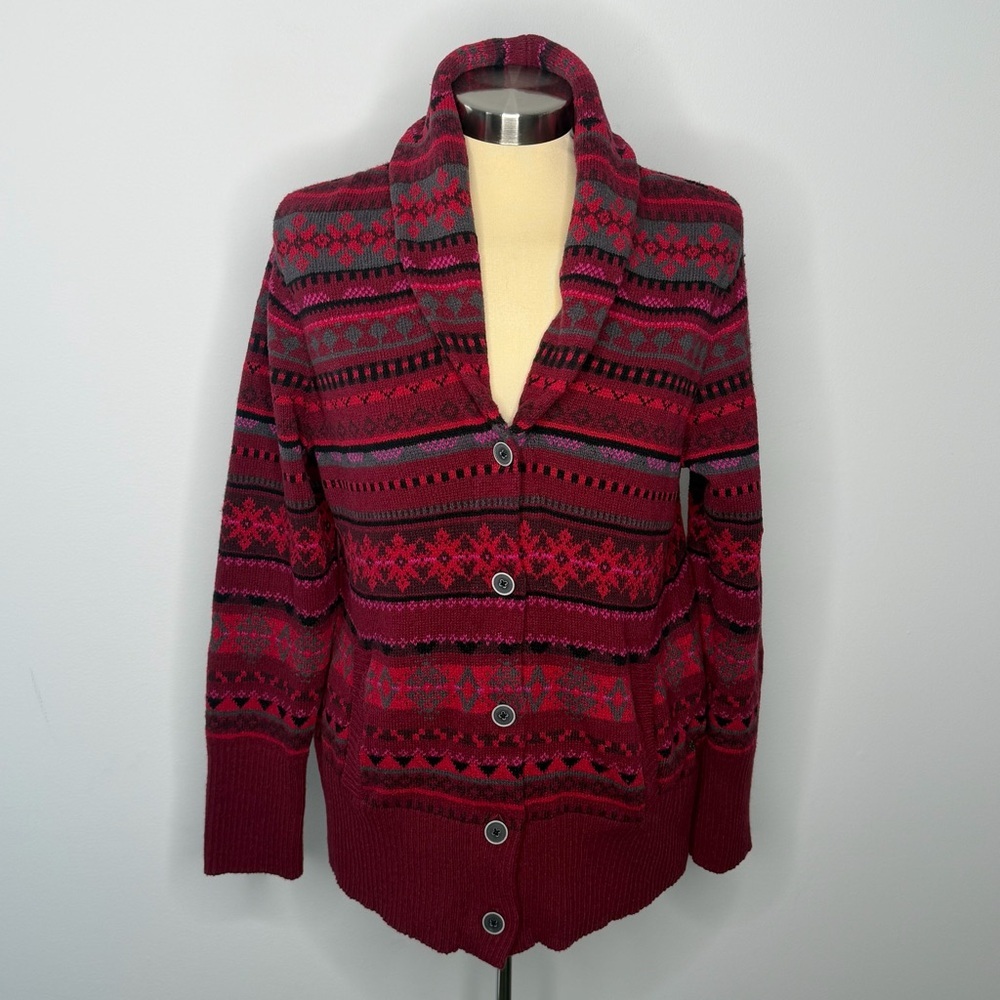 Eddie Bauer Red Pink Aztec Wool Blend Cardigan Sweater